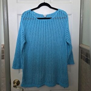 J.Jill Blue Crochet Cotton Blend Pullover Sweater Vacation Beach Size Medium